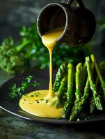 Fresh green asparagus spears on dark plate with pouring hollandaise sauce and herbs, dramatic food photography with natural lighting and moody atmosphere.