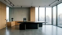 Modern executive office with curved black desk, wooden accent wall, and floor-to-ceiling windows overlooking city skyline. Minimalist workspace design for corporate, business, and professional environments.