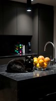 Black cat resting on dark marble kitchen counter next to bowl of oranges, modern minimalist interior with pendant lighting and stainless steel faucet.