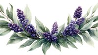 Watercolor garland with purple lavender flowers and sage green leaves arranged in curved composition, soft botanical art for wedding stationery and decor.