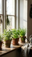 Cozy indoor herb garden with potted plants on wooden windowsill, dried herbs hanging above, natural sunlight streaming through vintage window frame.