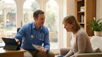 Male doctor in blue scrubs consulting with middle-aged Caucasian female patient in modern medical office setting with natural lighting and comfortable seating.