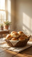 Fresh baked bread rolls in wicker basket on wooden table with warm sunlight streaming through window creating cozy kitchen atmosphere for bakery concepts.