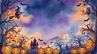 Watercolor Halloween border frame with pumpkins, witch on broomstick, owl, bats, haunted house, and spooky trees on purple night sky background.