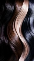 Different shades of wavy hair strands from dark brown to platinum blonde and blue-black arranged in vertical pattern showing hair color palette variations.