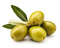 Fresh green olives with leaves isolated on white background for Mediterranean cooking and healthy food concepts.