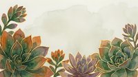 Watercolor succulents with golden outlines on a soft beige background, featuring green and purple tones with copy space for text.