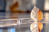 Delicate autumn birch leaf floating on water surface with droplet creating mirror reflection in soft golden sunlight, macro photography with shallow depth.