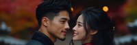 Young Asian couple smiling at each other outdoors at night with warm bokeh lights in background, romantic moment between man and woman.