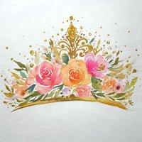 Watercolor floral crown with pink and orange roses, gold ornamental tiara design on textured paper background.