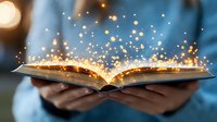 Open book with magical glowing golden light and sparkles floating up from pages, held in hands against blue background, creating mystical reading atmosphere.