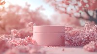 Pink cosmetic cream jar surrounded by delicate cherry blossoms in soft focus, creating dreamy spring atmosphere for beauty and skincare product photography.