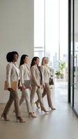 Four diverse professional businesswomen in matching beige suits walking confidently through modern office with city skyline view for corporate teamwork.
