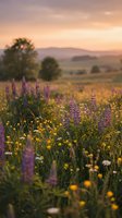Wildflower meadow with purple lupines and yellow blooms at golden hour sunset, rolling hills landscape background for nature and countryside themes.