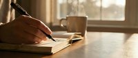 Young adult with medium skin tone writing in notebook with pen at wooden desk near window with warm natural light and coffee cup, suitable for education, productivity, and lifestyle content.