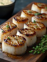 Pan seared sea scallops with caramelized golden crust garnished with fresh herbs on wooden cutting board, close up view of gourmet seafood appetizer.