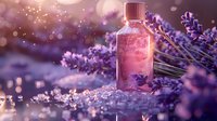 Pink aromatic oil bottle with fresh lavender flowers on sparkling surface in soft evening light, creating dreamy atmosphere for spa and wellness concept.