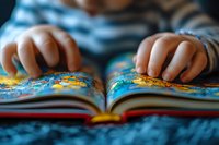Small child's hands touching colorful illustrated pages in open book while reading on blue blanket, close-up view capturing early childhood learning moment.
