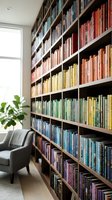 Modern home library with color-coordinated books arranged by rainbow spectrum on wooden shelves creating organized reading space for interior design.