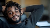 Young African American man with dreadlocks smiling while relaxing at home, wearing casual dark sweater, expressing positive emotions and contentment in natural lighting.