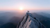 Two hikers standing on dramatic mountain peak at sunrise with layered mountain ranges and golden sky creating inspirational outdoor adventure scene.
