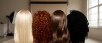 Four diverse hair wigs on mannequin heads displaying blonde straight, red curly, brown wavy and black afro textures in professional salon studio setting.