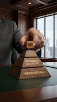 Businessman in gray suit placing wooden block with handshake icon atop pyramid structure labeled partnership and business strategy in modern office with city skyline view.