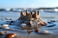 Sandcastle with towers and turrets surrounded by seashells on beach shore as waves splash around it, creating magical summer vacation atmosphere at sunset.