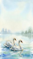 Two white swans glide peacefully across a misty lake surrounded by evergreen trees in soft watercolor style, ideal for nature and wildlife designs.