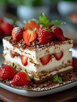 Fresh strawberry tiramisu layered with mascarpone cream, chocolate shavings and ripe berries on white plate, close up view of Italian dessert with selective focus.