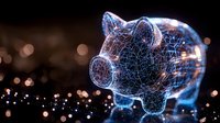 Glowing digital wireframe piggy bank with network connections on dark background with bokeh lights, representing financial technology and digital banking.