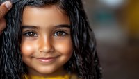 Close up portrait of smiling young South Asian girl with long dark curly hair and bright eyes wearing yellow top against blurred background, natural lighting creates warm glow.
