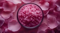 Pink heart-shaped bath salt crystals in glass bowl surrounded by rose petals, creating romantic spa atmosphere for wellness and aromatherapy treatments.