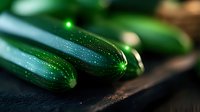 Fresh organic cucumbers with water drops on dark wooden surface, dramatic lighting highlights natural texture and glossy skin in macro photography.