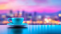 Turquoise coffee cup against blurred city skyline at sunset with vibrant pink and blue colors reflecting on glossy surface, creating dreamy atmosphere.