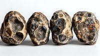 Ancient weathered stone skulls arranged in row showing natural erosion patterns and textures against white background, isolated archaeological artifacts.