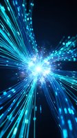 Blue light burst with radial energy beams and glowing particles on dark background for technology and digital design projects.