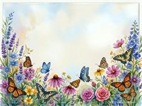 Watercolor wildflower meadow border with colorful butterflies, roses, lavender and daisies on soft pastel background for spring garden designs.