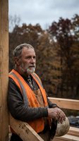 Senior male construction worker, Caucasian ethnicity, wearing orange safety vest and work gloves, resting against wooden beam on job site with autumn forest background. Suitable for construction, labor, skilled trades, workplace safety, and industrial projects.