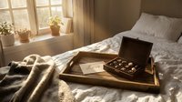 Wooden tray with chocolate box and love note on cozy bed in warm sunlit bedroom, romantic Valentine gift concept.