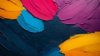 Vibrant oil paint strokes in yellow, pink, purple and blue create dynamic abstract composition on dark background. Thick textured brushstrokes form colorful modern artwork.
