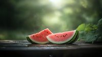Fresh watermelon slices on rustic wooden surface with blurred green garden background, juicy red flesh and black seeds in natural lighting.