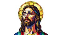 Stained glass style portrait of Jesus Christ with golden halo and colorful robes in religious art illustration for spiritual designs and church materials.
