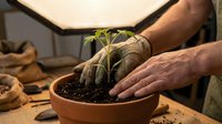 Gardener with dark skin tone planting seedling in terracotta pot with soil, hands-on horticultural work in indoor growing space.