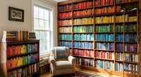 Cozy home library with rainbow organized bookshelves, leather reading chair and natural window light creating perfect reading nook atmosphere.