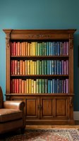 Elegant wooden bookcase with rainbow-colored books arranged by color spectrum in a cozy vintage reading room with leather armchair.