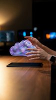 Hands protecting glowing cloud hologram above smartphone on wooden desk representing cloud computing security and data protection technology in modern office.