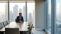 Professional businessman in suit sitting at modern conference table in corporate boardroom with panoramic city skyline view through floor-to-ceiling windows.