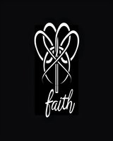 White Celtic cross design with interwoven heart shapes and faith text on black background, isolated for religious and spiritual projects.