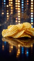 Golden crispy potato chips with salt spray against colorful bokeh lights background for snack food advertising and party entertainment concepts.